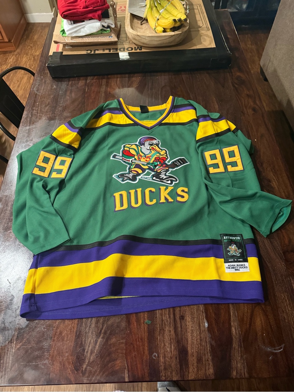 Anaheim Ducks Green Hockey Jersey with Yellow & Purple Accents